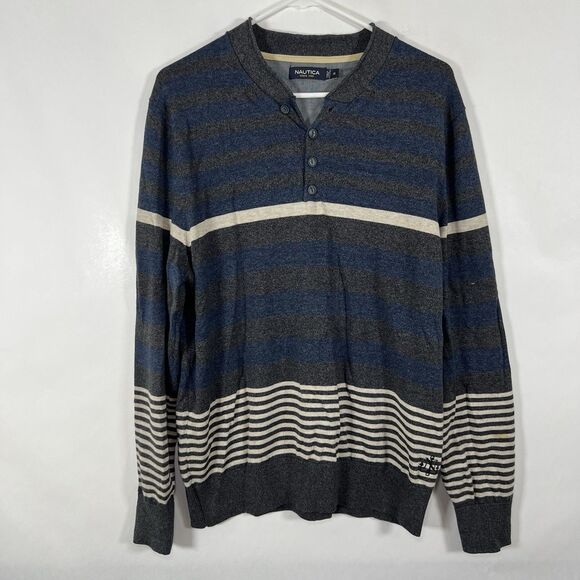 Nautica Henley Sweater Mens Size Medium Gray Blue Striped Blade Collar Logo - Picture 1 of 10